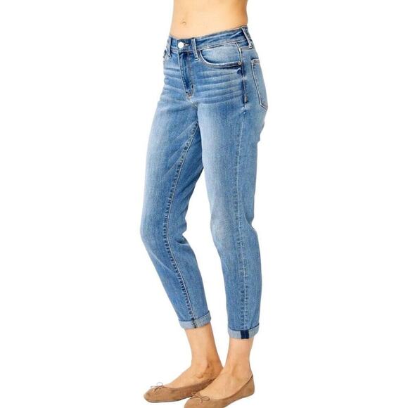 Judy Blue Jeans Women 15 / 32 Mid Rise Relaxed Fit Blue Medium Wash Tapered NWT - Picture 5 of 16